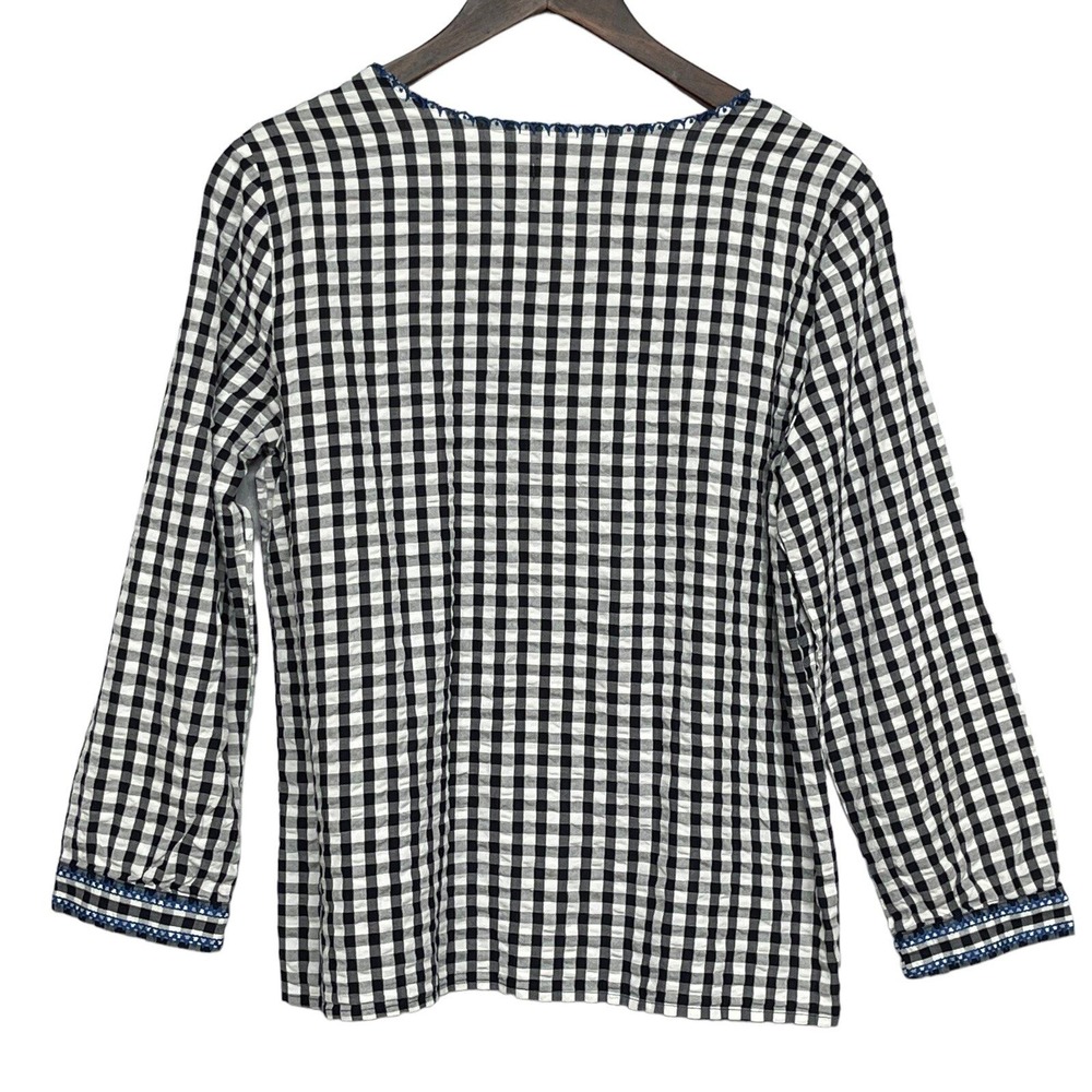 J.Crew Gingham Blouse Women Small Black White Blue Embroidered Square Neck Mint